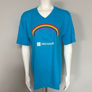Microsoft Proud Together Pride V-Neck Tee Shirt with Colorful Rainbows Size M